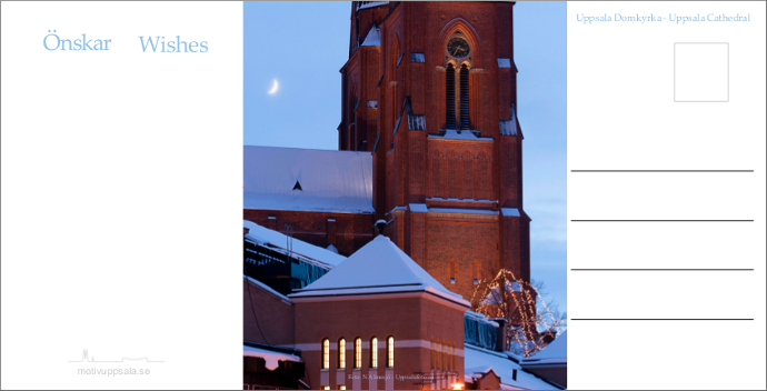 Baksida, julkort med Uppsala Domkyrka